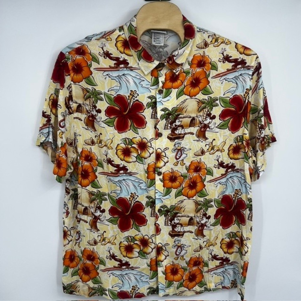 Disney Parks Men's XXL Hawaiian Aloha Shirt Mickey Donald Surfing Tropical Rayon